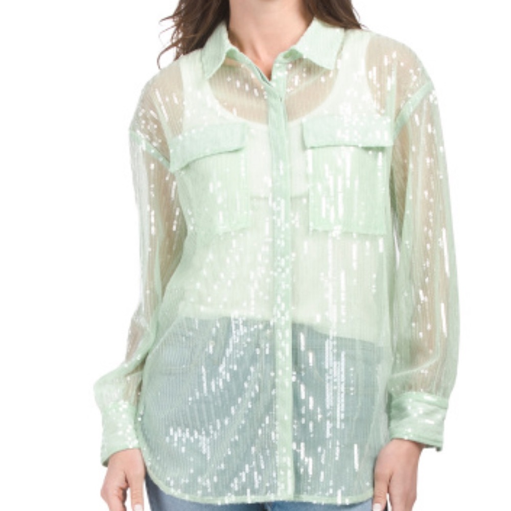 House of Harlow 1960 Mint Sequin Sheer Button-Down Shirt